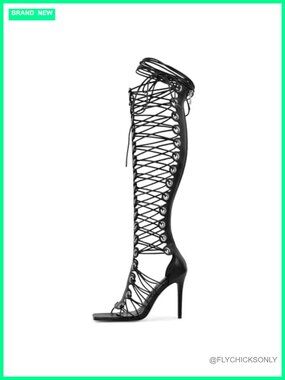 Womens Leather Gladiator Sandals Peep Toe Lace Up High Heels Summer